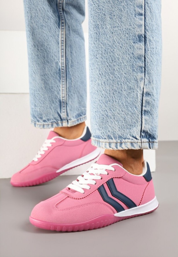 Różowe Sneakersy w Typie Tenisówek z Ozdobnymi Paskami Zommea