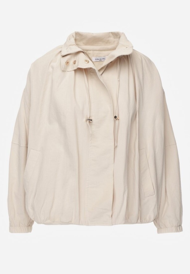 Beżowa Oversizowa Kurtka Przejściowa o Kroju Bombki z Bawełny i Wiskozy Birana