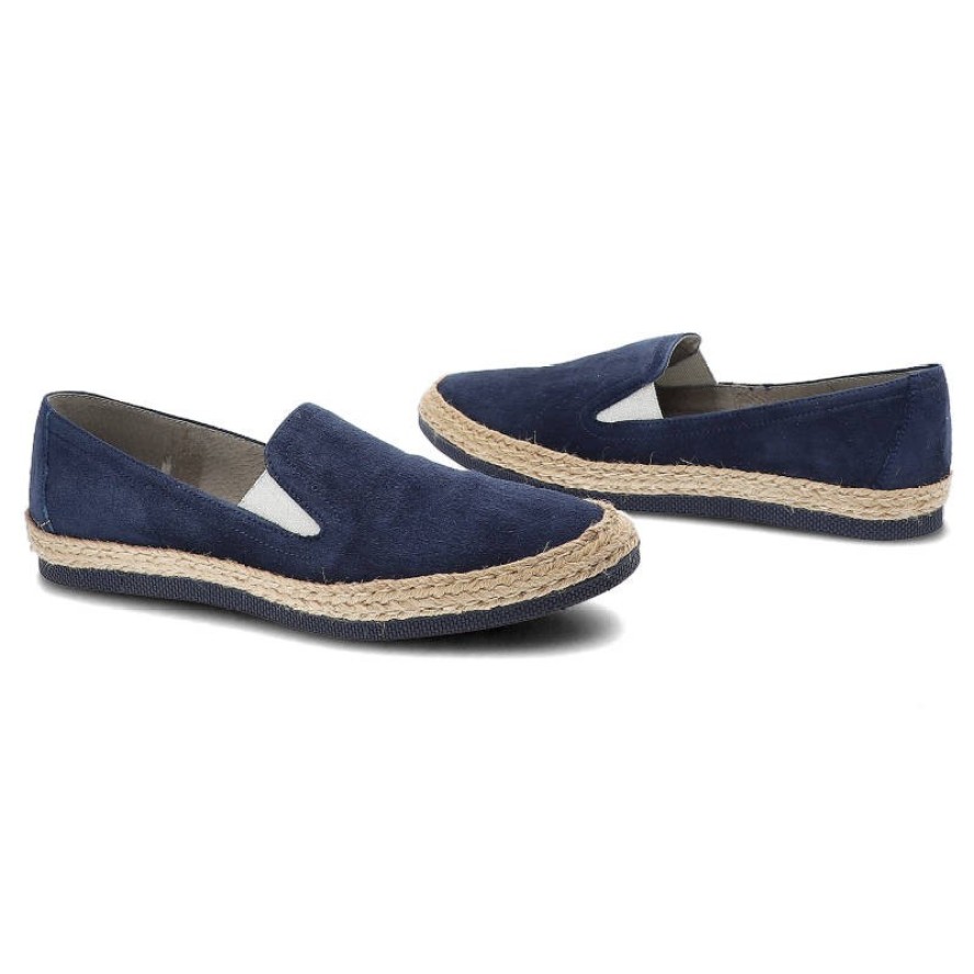 Espadryle damskie Maciejka, skóra zamszowa z gumkami i płaską podeszwą, granatowe, 02944A-17-00-5