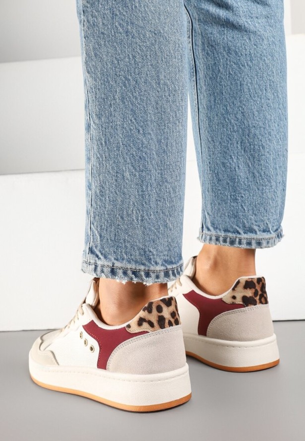 Beżowo-Bordowe Streetwearowe Sneakersy Zdobione Przeszyciami Neonisea