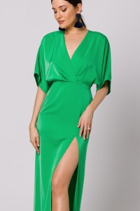 Długa sukienka z dekoltem V i rozcięciem kimonowa zielona