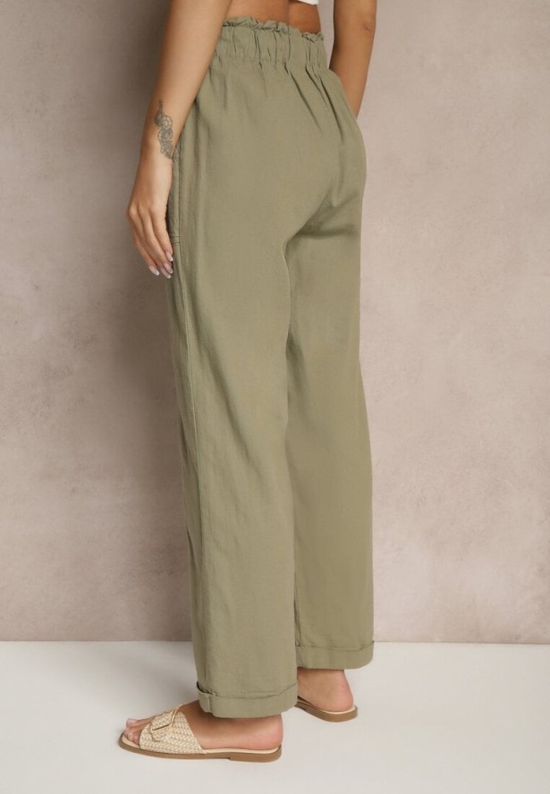 Ciemnozielone Spodnie z Bawełny High Waist z Wiązaniem Tyswia