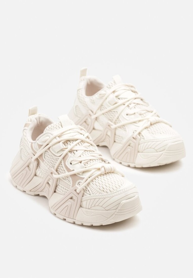 Beżowe Sneakersy z Ozdobnym Sznurowaniem i Tłoczoną Podeszwą Nurilune