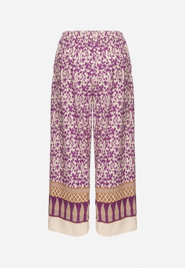 Fioletowe Bawełniane Spodnie z Wysokim Stanem o Długości 7/8 ze Wzorem Boho Lisavinea