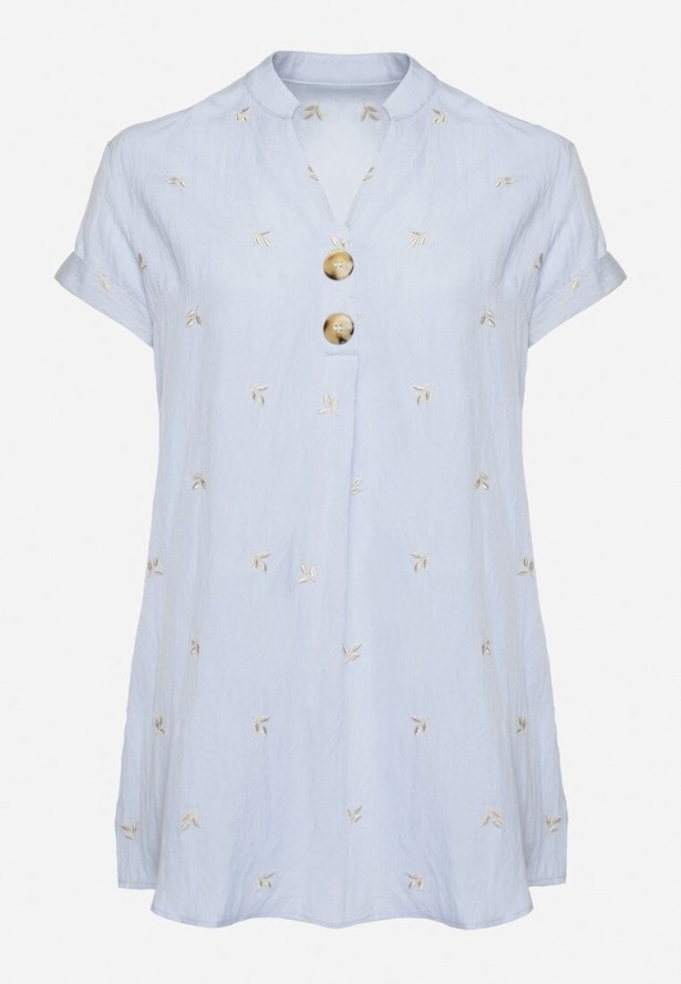 Jasnoniebieska Bawełniana Tunika z Ozdobnymi Guzikami i Naszywkami Sovozi