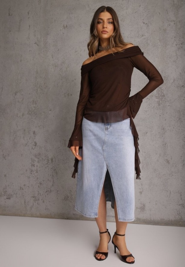 Niebieska Spódnica Jeansowa z Bawełną High Waist i Rozcięciem na Nogę Cinadessa