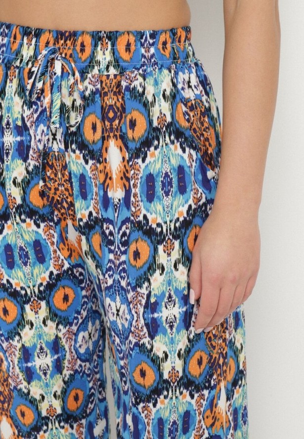 Niebieskie Spodnie Szerokie z Bawełny w Etno Print Tolivenna
