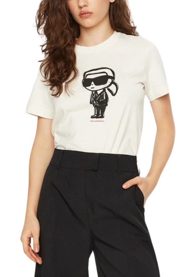KARL LAGERFELD Beżowy damski t-shirt Ikon Sketch Karl, Rozmiar S