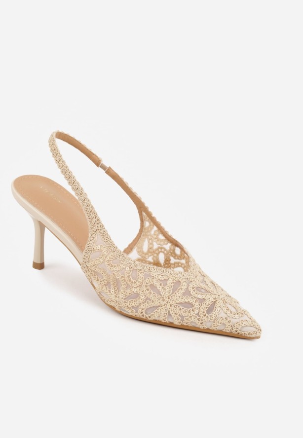 Beżowe Szpilki VICES Slingback Ozdobione Kwiatowym Wzorem i Cekinami Loraereida