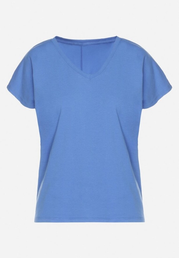 Niebieski Bawełniany T-shirt z Trójkątnym Dekoltem Linarosea