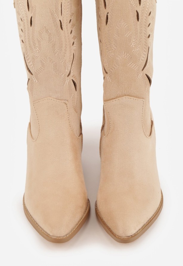 Beżowe Botki Typu Kowbojki VICES na Obcasie z Ażurową Cholewką Eranata