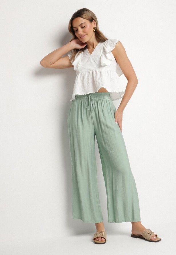 Miętowe Szerokie Spodnie Palazzo z Wysokim Stanem i Wiązaniem Myrlevia