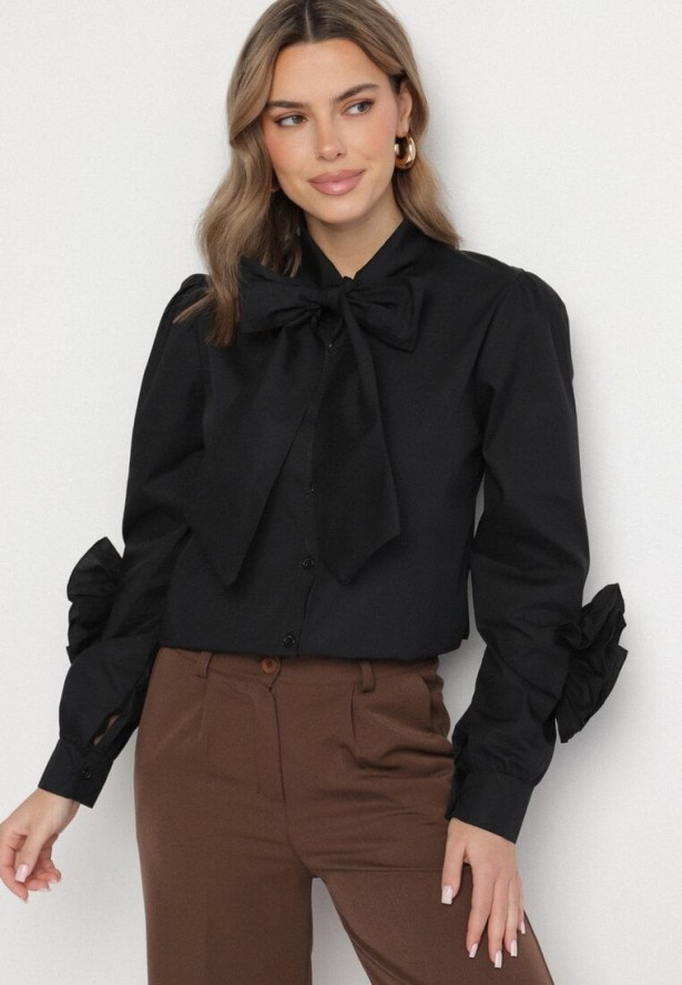 Czarna Koszula z Ozdobnym Wiązaniem i Falbankami Zalimira