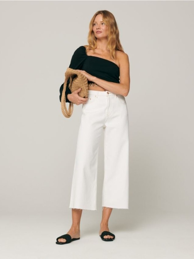 Jeansy cropped high waist - kremowy