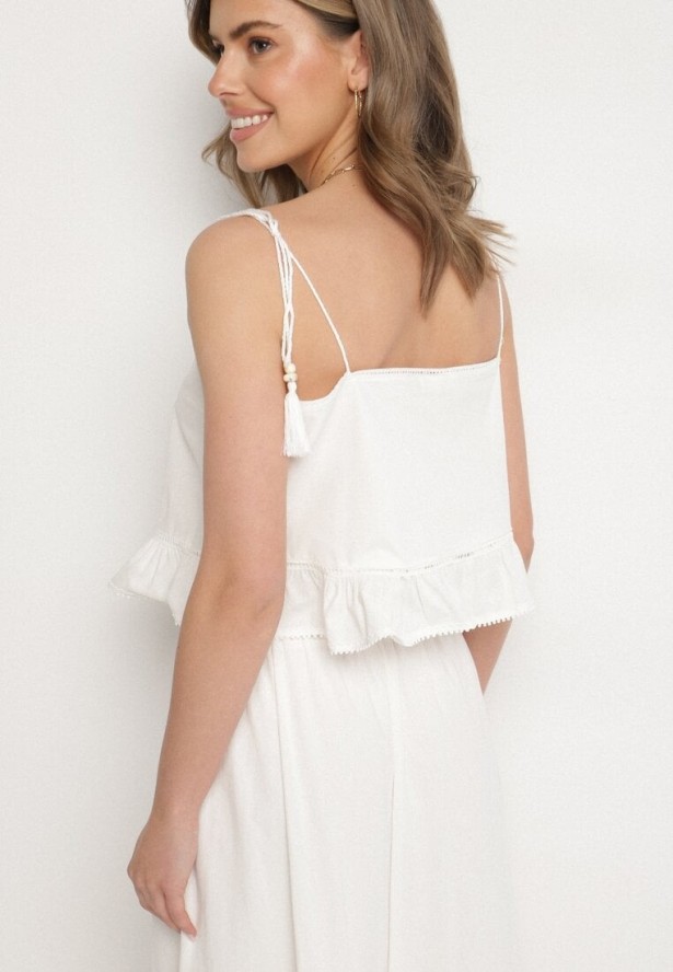 Biała Bawełniana Bluzka Ozdobiona Frędzlami Falbanką i Haftami Milorea