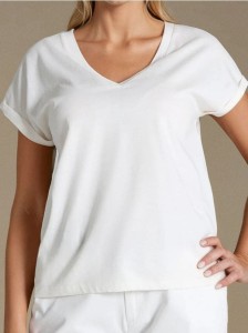 Bluzka z dekoltem V z ozdobnymi dżetami - kremowy