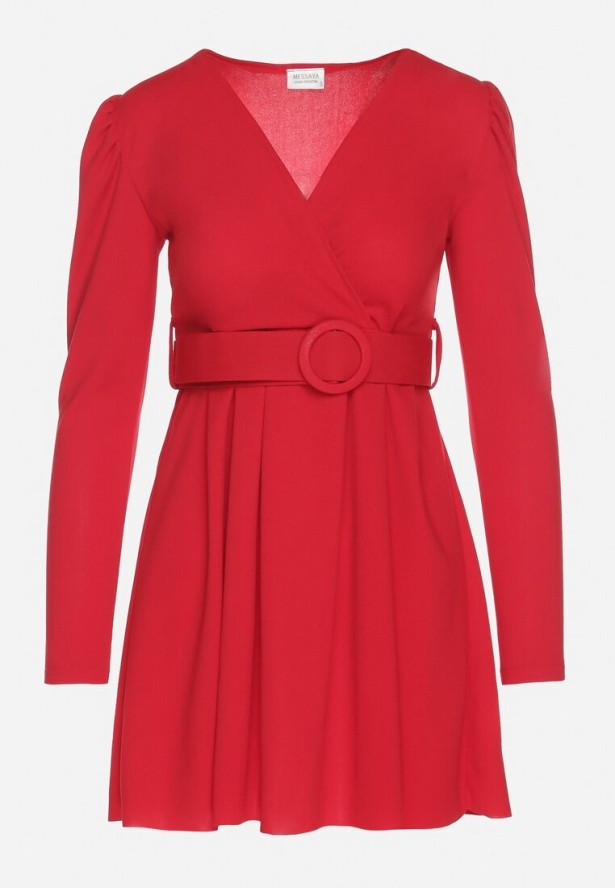 Czerwona Sukienka Rozkloszowana z Ozdobnym Paskiem Evilevi