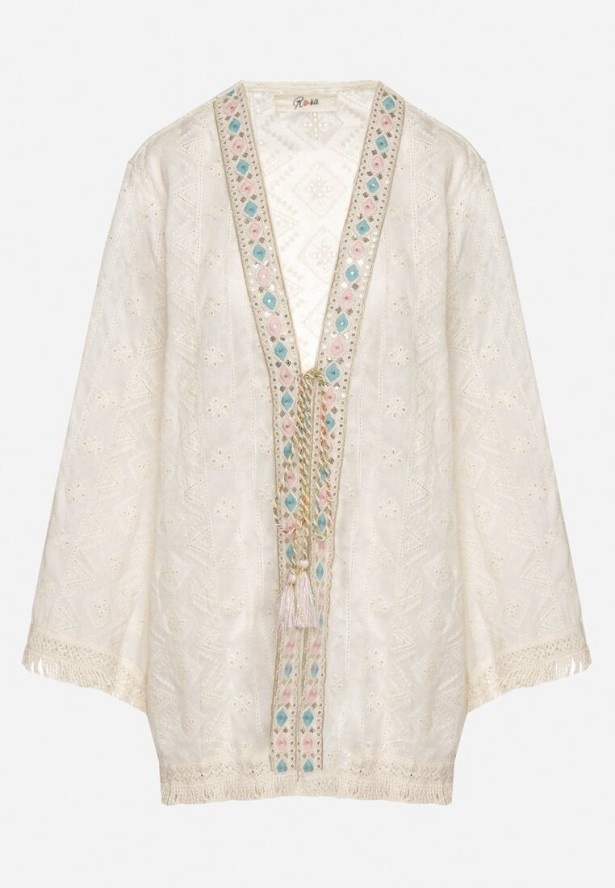 Beżowe Bawełniane Ponczo Plażowe Ozdobione Haftem i Cekinami Naliara