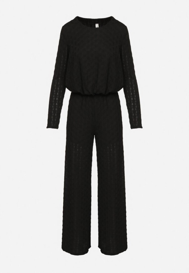 Czarny Komplet z Tłoczonej Tkaniny Szerokie Spodnie i Bufiasta Bluzka Calloti