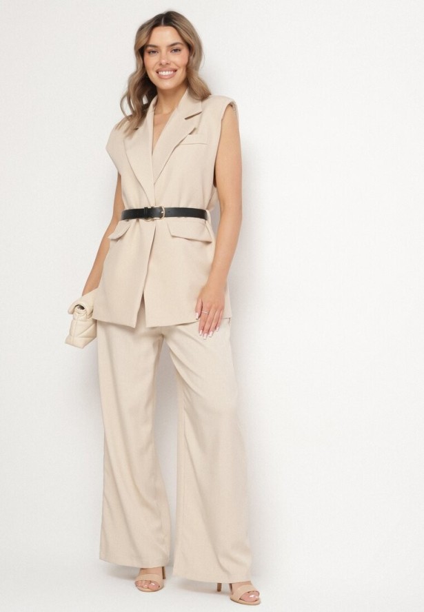 Beżowa Kamizelka Garniturowa Oversize na Guzik z Paskiem Melazi