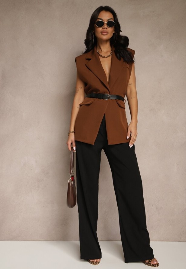 Brązowa Kamizelka Oversize w Garniturowym Stylu z Guzikiem i Paskiem z Klamrą Galazia