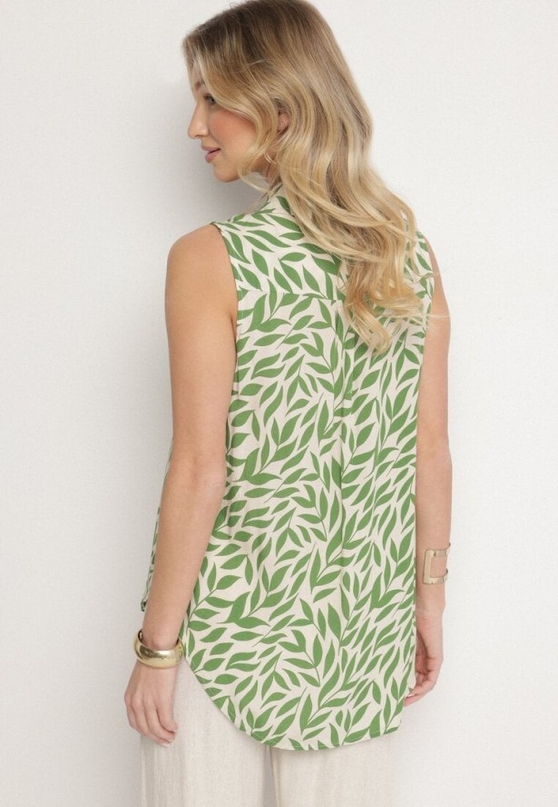 Zielona Bawełniana Koszula Ozdobiona Liśćmi Ereldi