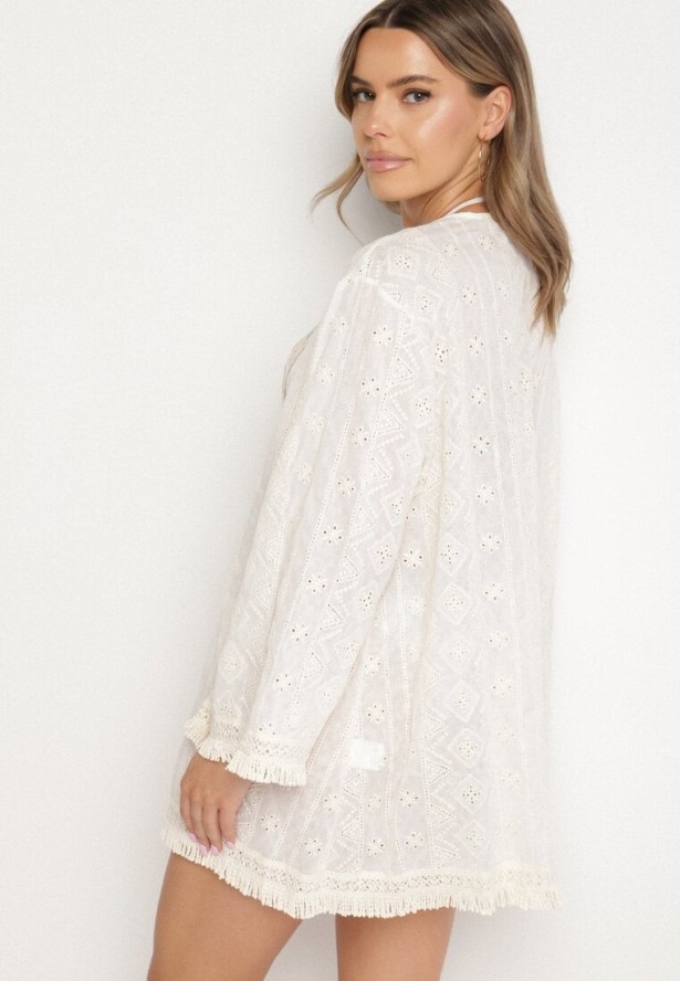 Beżowe Bawełniane Ponczo Plażowe Ozdobione Haftem i Cekinami Naliara