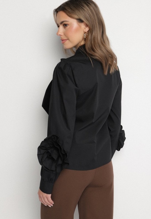 Czarna Koszula z Ozdobnym Wiązaniem i Falbankami Zalimira