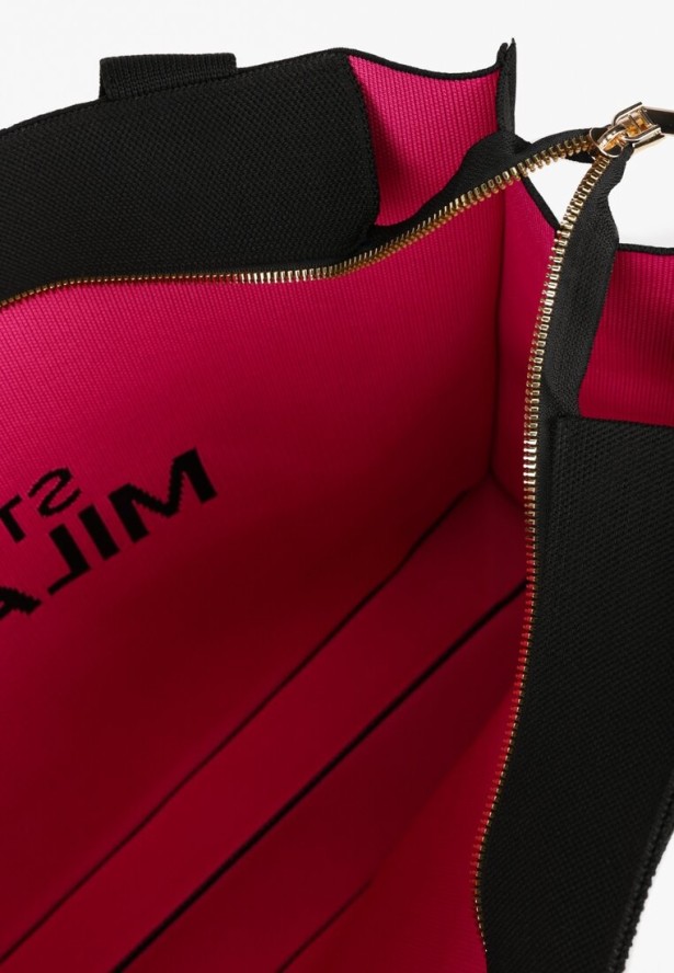 Czarno-Fuksjowa Torebka o Modelu Shopper z Suwakiem i Napisem Salisella