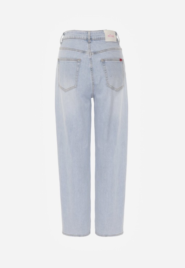 Niebieskie Bawełniane Jeansy o Kroju Mom Fit z Wysokim Stanem i Paskiem Pribena