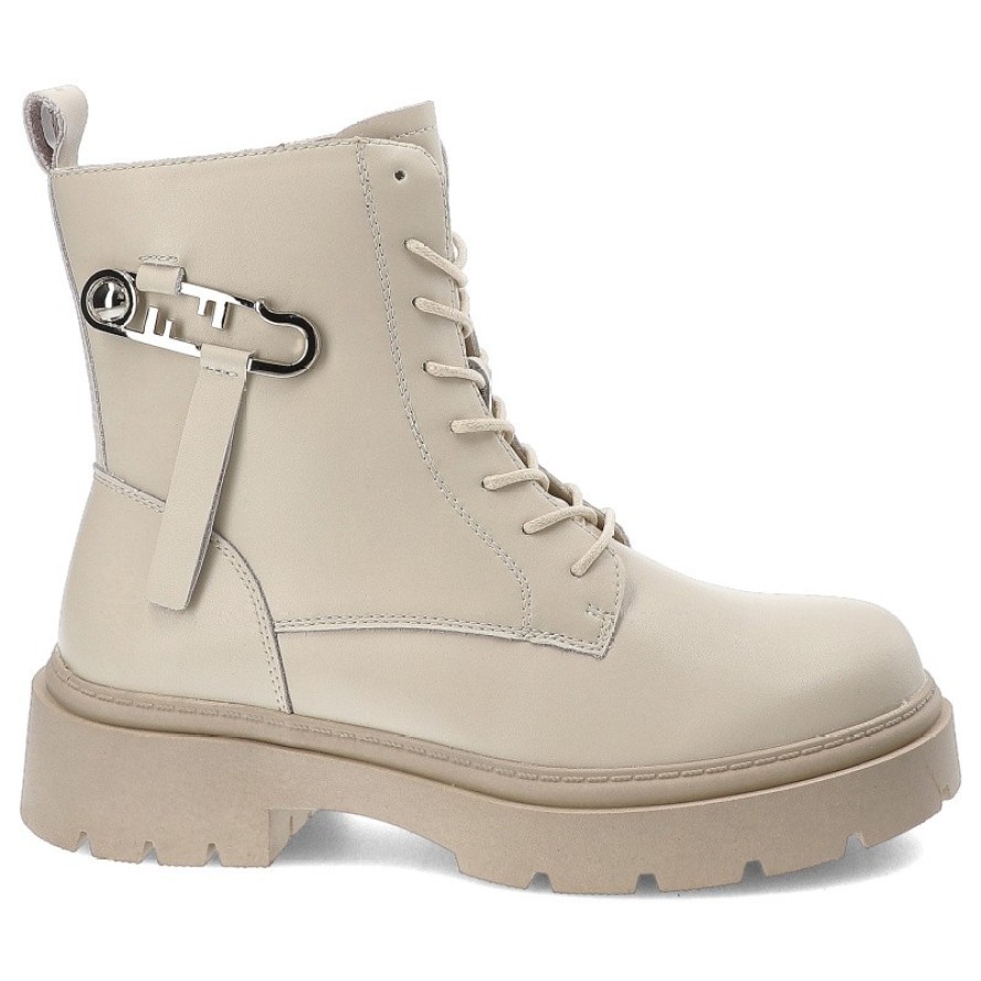 Beżowe Botki Cambell Ocieplane Obuwie Damskie Z Ozdobą