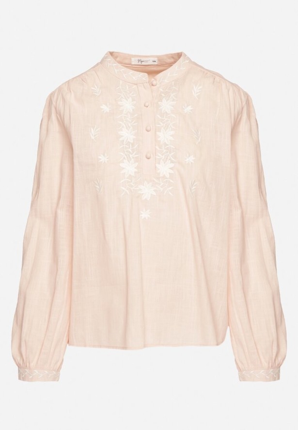 Różowa Koszula z Bawełny ze Stójką i Guzikami Zdobiona Haftem Gonithiel