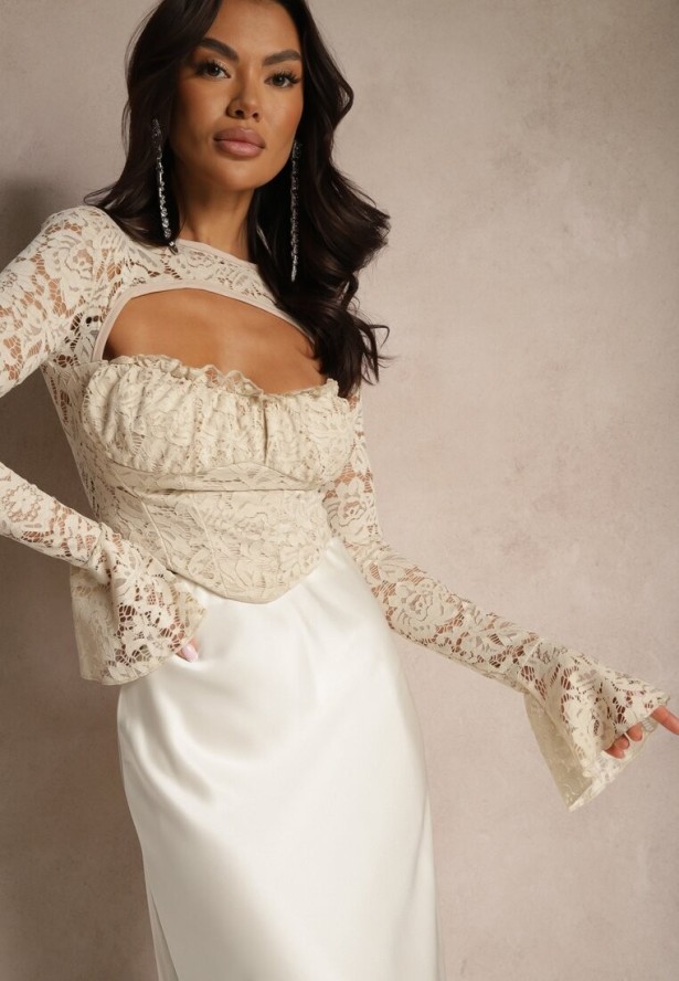 Beżowa Bluzka z Koronki Zdobiona Rozcięciem przy Dekolcie i Rozkloszowanymi Rękawami Selanda