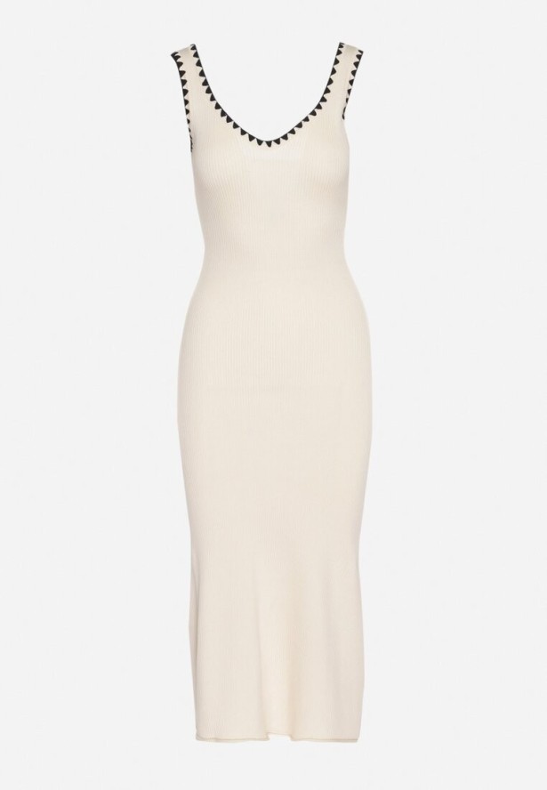 Beżowa Sukienka Dzianinowa o Taliowanym Kroju na Ramiączkach z Lamówką Zenlimi