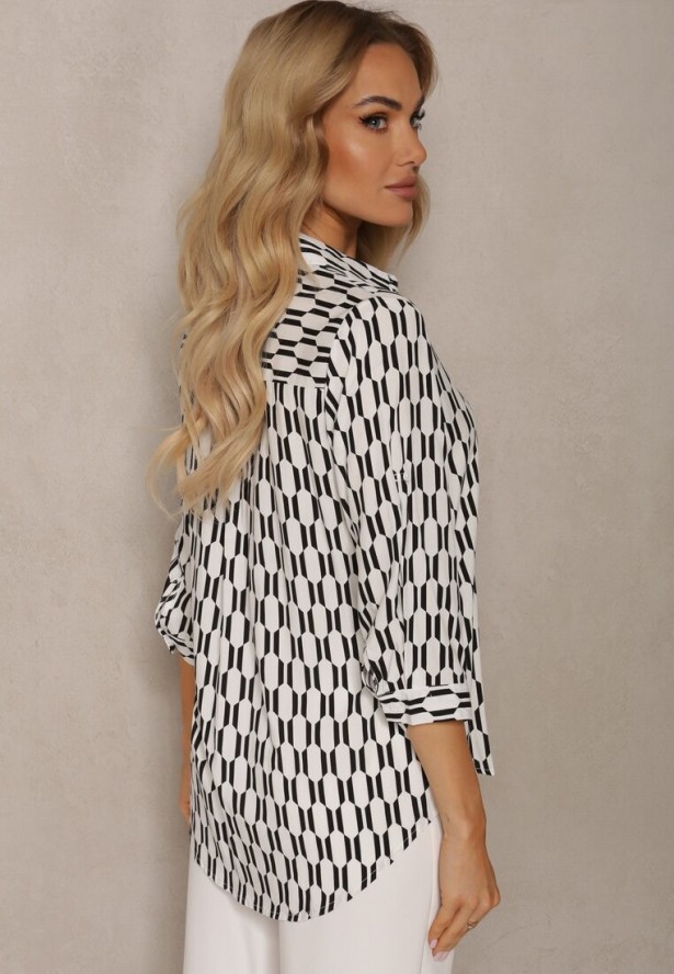 Biało-Czarna Koszula z Wiskozy i Bawełny w Geometryczny Wzór z Rękawem 3/4 Andromia