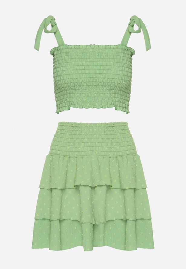 Zielony Komplet Elastyczny Top z Wiązanymi Ramiączkami i Rozkloszowana Spódnica Evialia