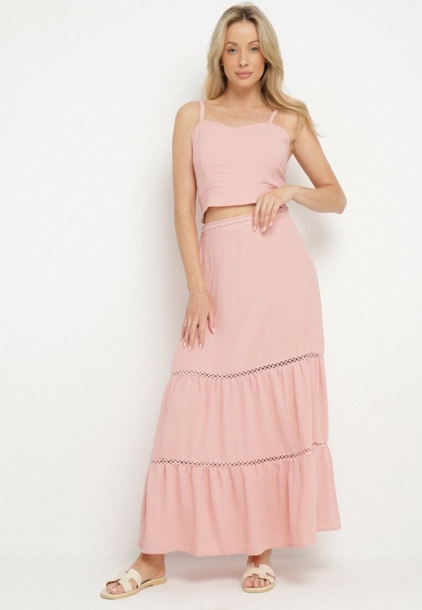 Różowy Komplet z Dopasowanym Topem i Rozkloszowaną Spódnicą Addira