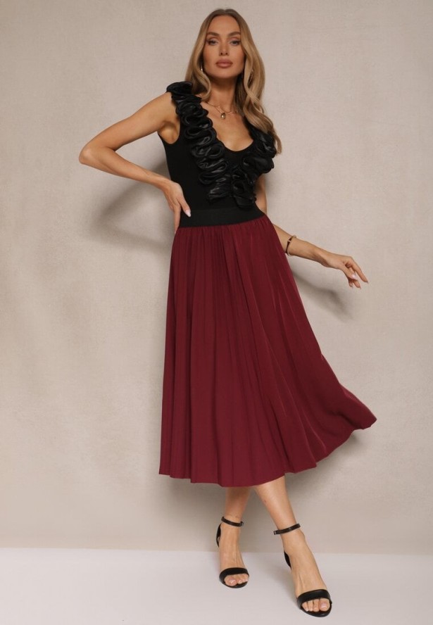 Bordowa Casualowa Spódnica Plisowana z Gumką w Pasie Velentina