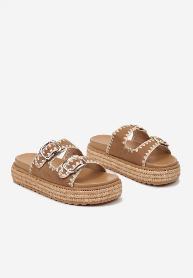 Brązowe Klapki ze Sprzączkami Ozdobione Plecionką Neolana