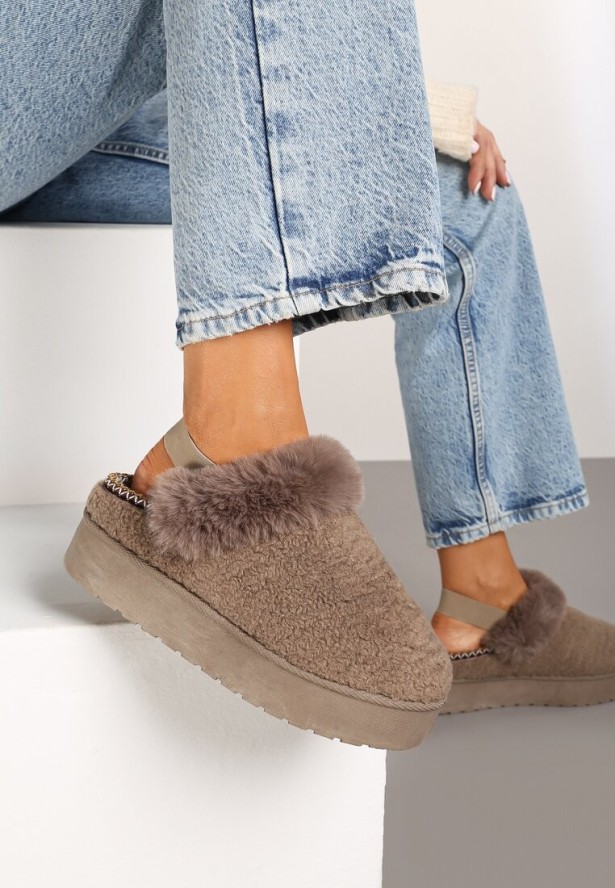 Ciemnobeżowe Śniegowce na Grubej Podeszwie z Futerkiem i Gumką Jawora