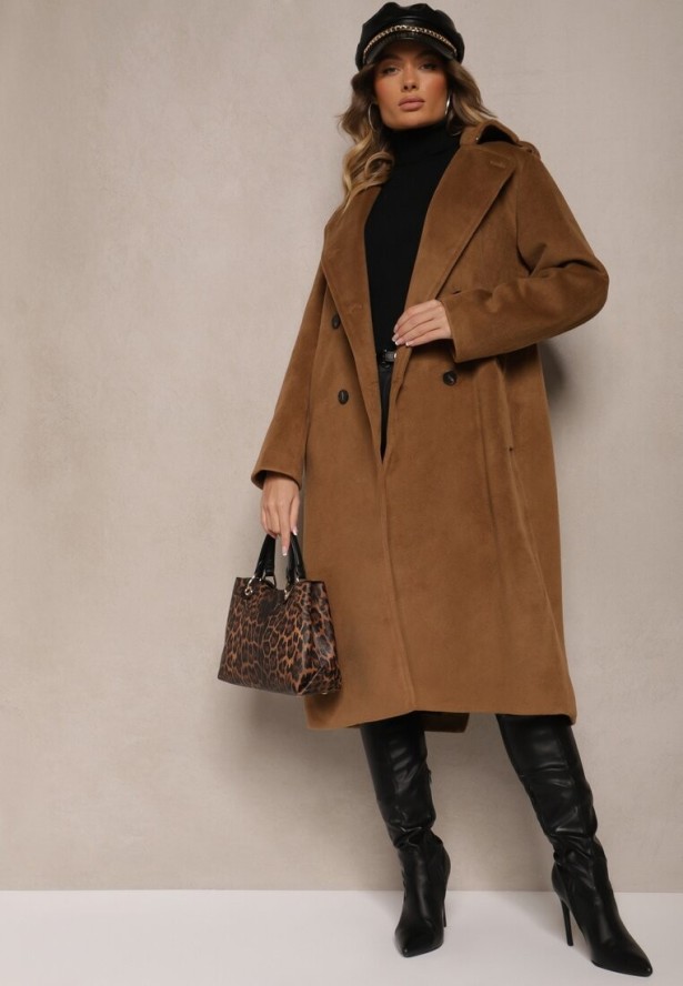 Brązowy Płaszcz Dwurzędowy o Długim Kroju Ozdobiony Paskiem Senadriel