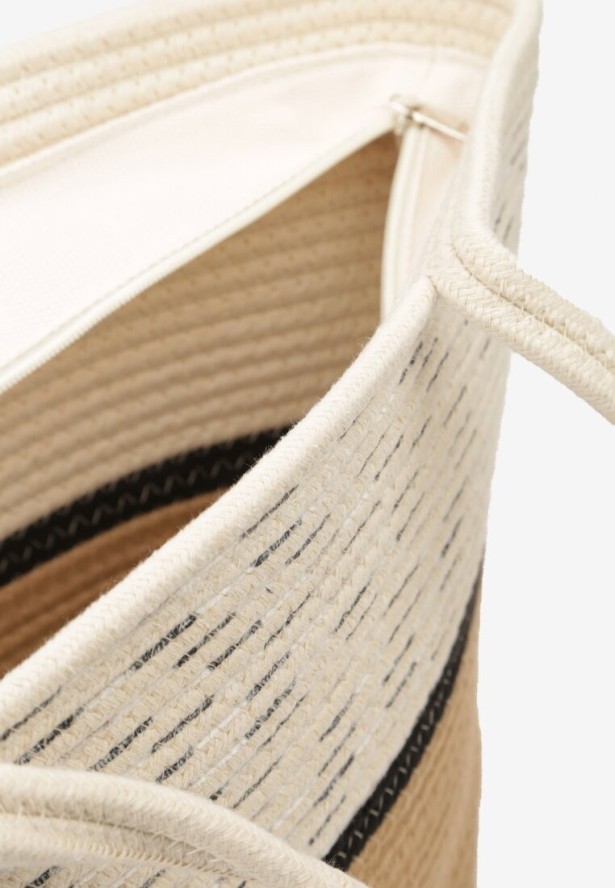 Beżowa Bawełniana Torebka z Plecionym Zdobieniem o Dużym Fasonie Meruma