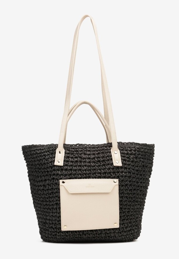 Czarna Torebka z Plecionki z Dodatkową Kieszonką z Ekoskóry Cosina