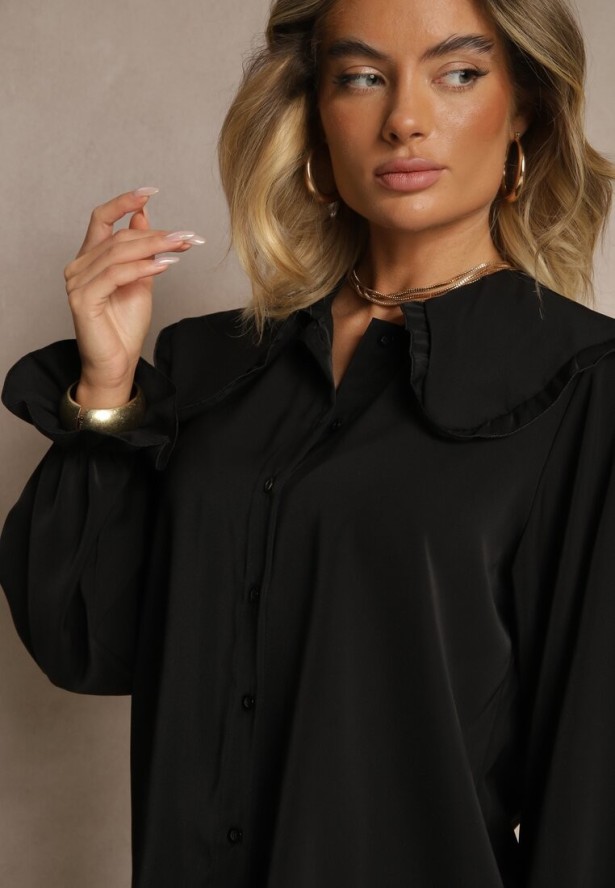 Czarna Koszula Ozdobiona Falbankami i Kołnierzykiem Evirana