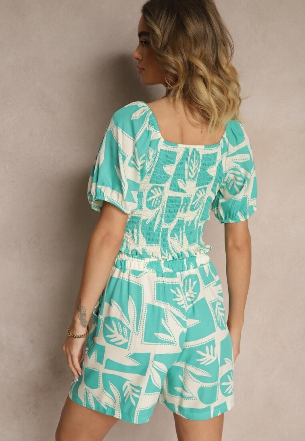Jasnozielony Wiskozowy Komplet w Roślinny Wzór Szorty i Bluzka Felindera