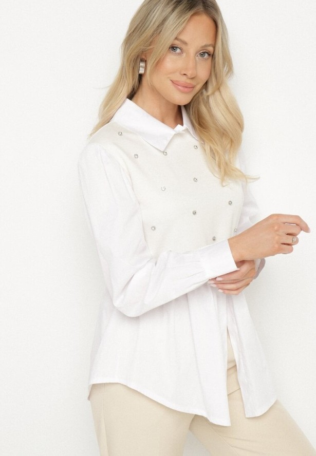 Jasnobeżowa Rozkloszowana Bluzka Koszulowa z Wiskozą z Wszytą Kamizelką z Cyrkoniami Uliaviela