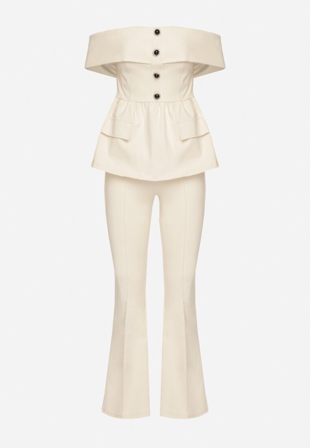 Beżowy Komplet Garniturowy Bluzka Hiszpanka z Guzikami i Spodnie Dzwony Yaskio