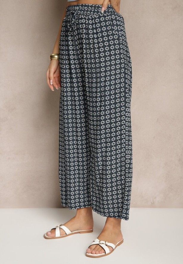 Czarno-Granatowe Spodnie o Szerokim Kroju High Waist z Geometrycznym Wzorem Farisia
