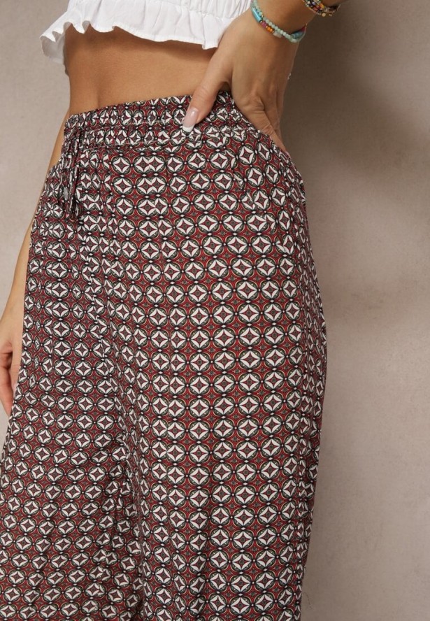 Czerwono-Szare Spodnie o Szerokim Kroju High Waist z Geometrycznym Wzorem Farisia
