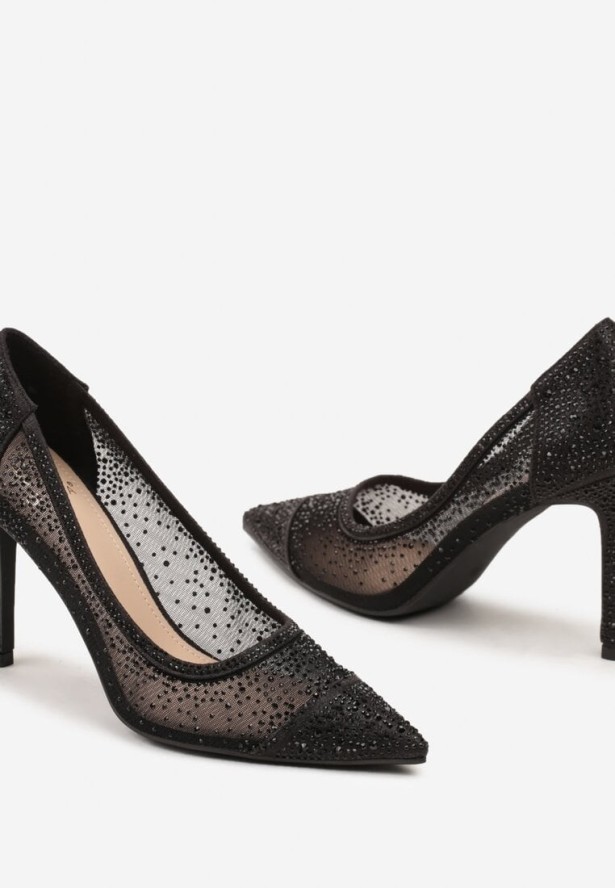 Czarne Szpilki z Siateczki ze Szpiczastym Noskiem Zdobione Cyrkoniami Nelwenna